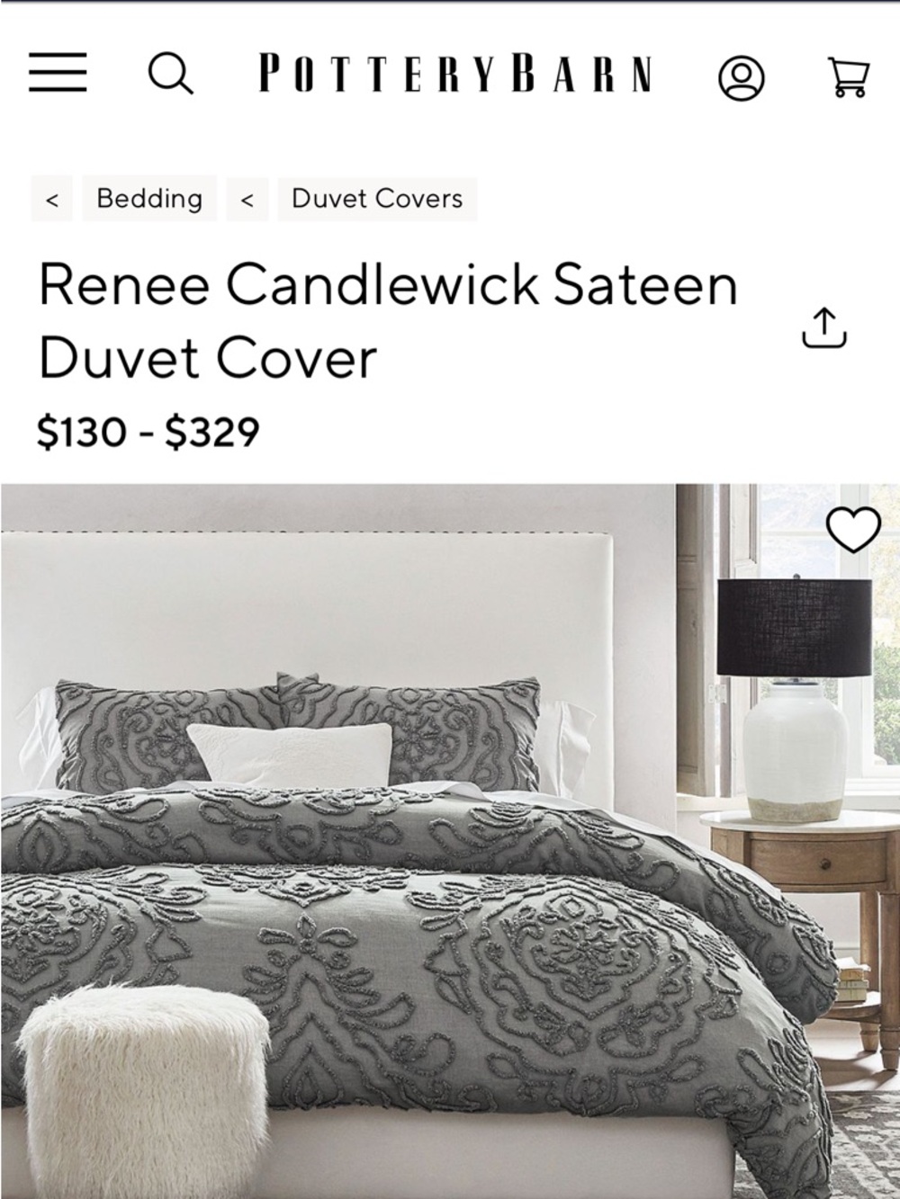 Pottery Barn Renee Candlewick Sateen Duvet Cover - Gray
